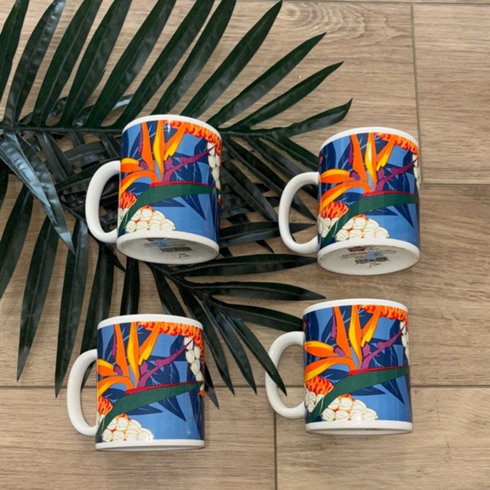 Hilo Hattie ceramic mugs featuring a vibrant bird of paradise  flower design